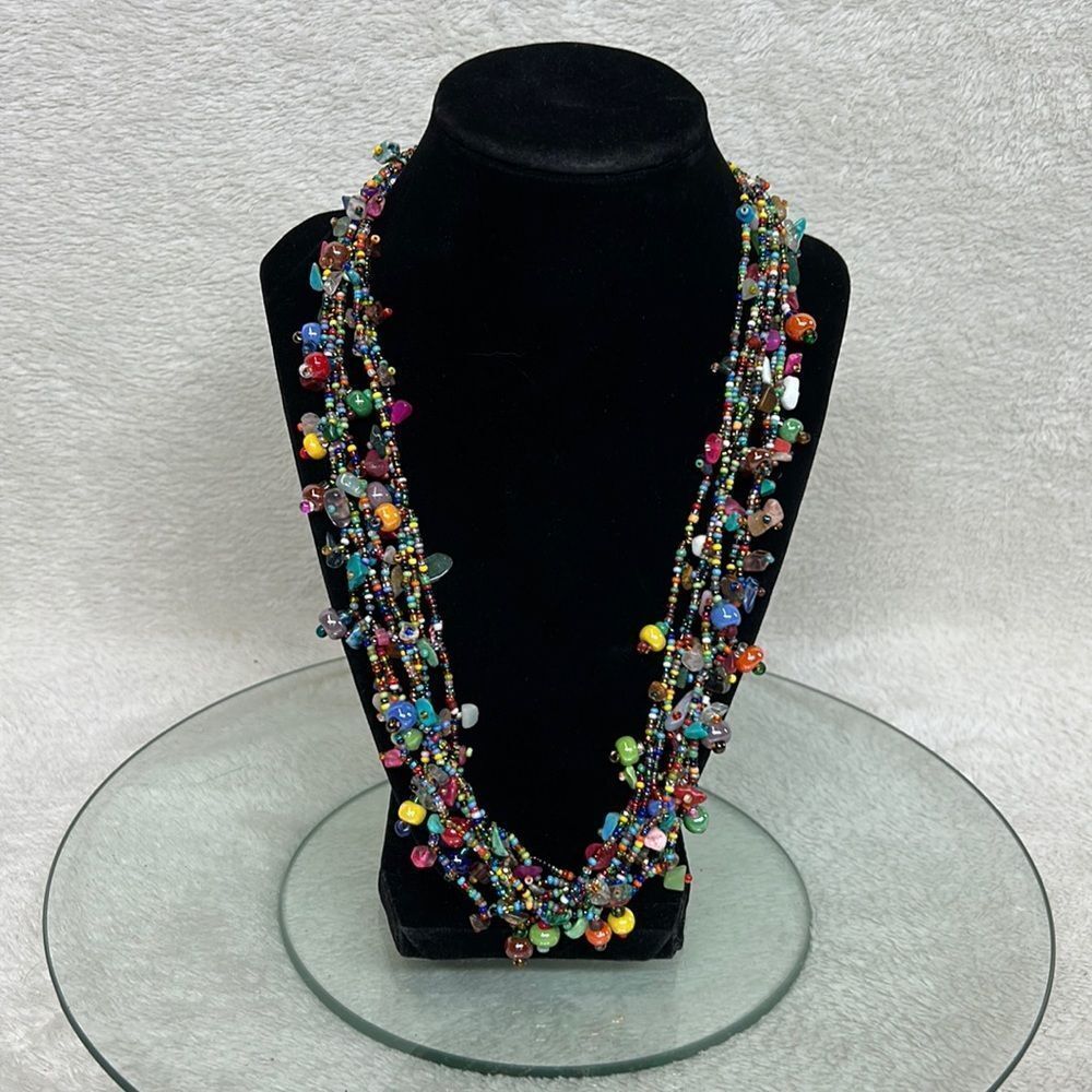 7 Strand Multi Colored Glass Beads and Gem Stone 12 inch Necklace